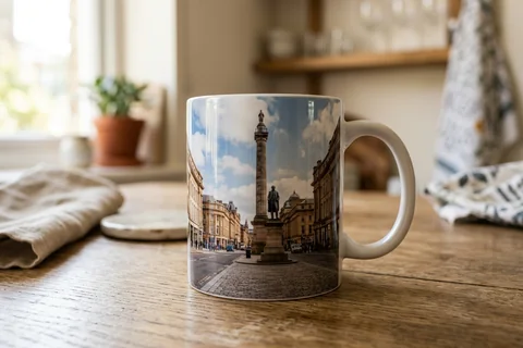 photo mug newcastle – a ceramic mug with a wrap-around print of Grey's Monument on a kitchen table