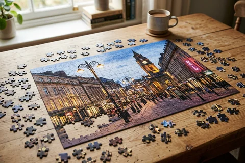photo puzzle newcastle – a partly completed jigsaw puzzle of Bigg Market lights on a wooden table