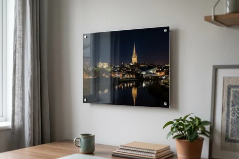 acrylic photo print norwich – a glossy acrylic print of the city skyline at night mounted off a pale wall