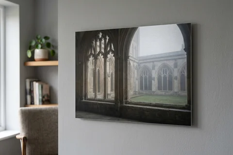 aluminium photo print norwich – a matte aluminium panel print of the cathedral cloisters in morning mist mounted flush on a grey wall