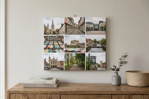 canvas collage print norwich – a collage canvas of nine small Norwich scenes in a nine-photo grid hung above a sideboard