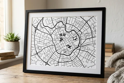 norwich city map poster – a framed minimalist black-and-white street map poster of the city centre on a desk