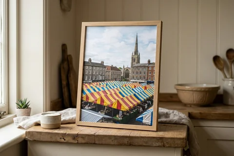 framed photo board norwich – a slim-framed photo board of Norwich Market's striped roofs standing on a kitchen shelf