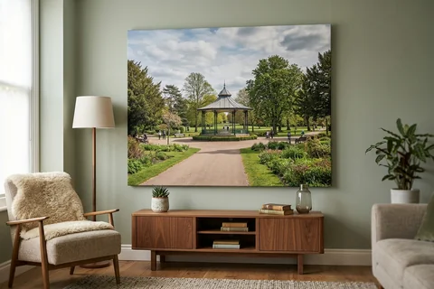 large canvas print norwich – a very large canvas of Eaton Park looking towards the bandstand dominating a living room wall