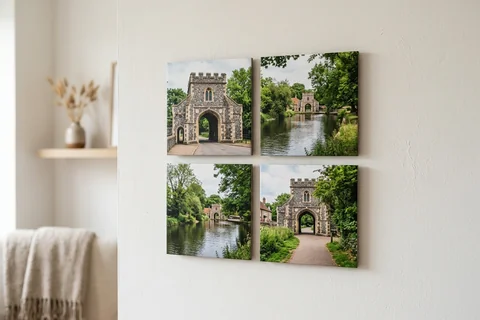 mixpix photo tiles norwich – four 20×20 cm photo tiles of Pull's Ferry arranged in a cluster on a white wall with no visible fixings