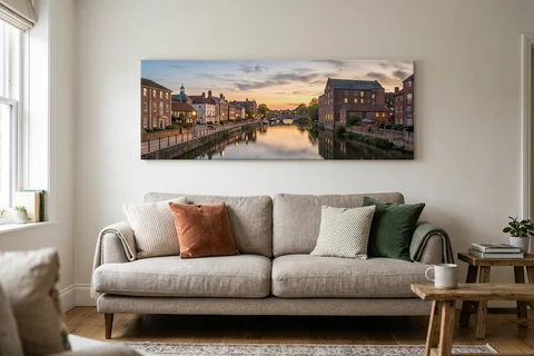 panoramic canvas print norwich – a wide panoramic canvas of the River Wensum at sunset hung above a long sofa