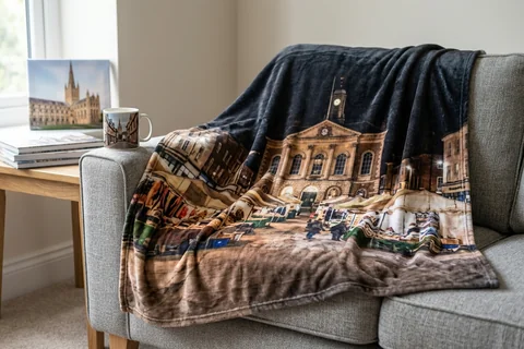 photo blanket norwich – a plush blanket printed edge to edge with the Market at night draped over a sofa