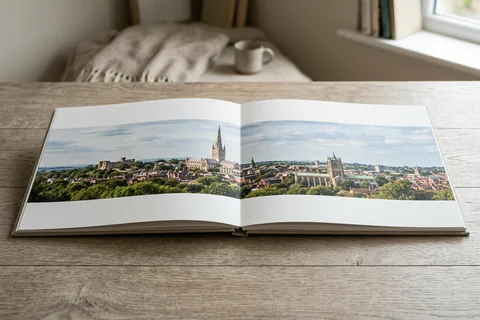 photo book norwich – an open layflat photo book showing a panorama of the city from Mousehold Heath across the double-page spread