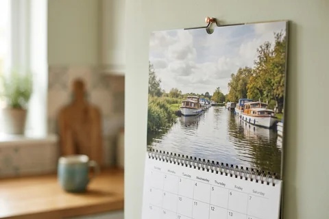 photo calendar norwich – a spiral-bound wall calendar open on a month showing the Broads at Wroxham, hanging in a kitchen