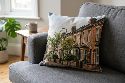 photo cushion norwich – a plush square cushion printed borderless with a Golden Triangle terrace on a grey sofa
