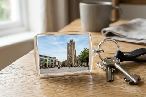 photo keyring norwich – a rectangular photo keyring showing St Peter Mancroft beside a set of keys