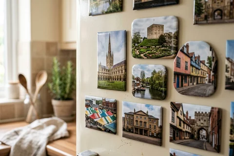 mixmags photo magnets norwich – several photo magnets of Norwich landmarks in different shapes on a fridge door