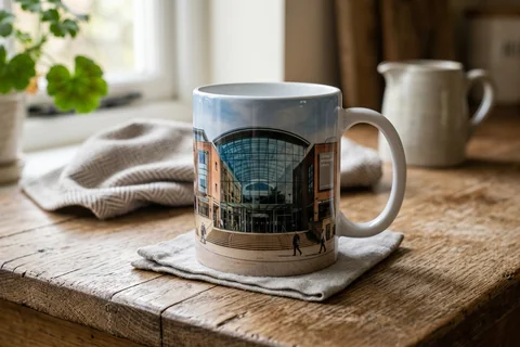 photo mug norwich – a ceramic mug with a wrap-around print of the Forum on a kitchen table