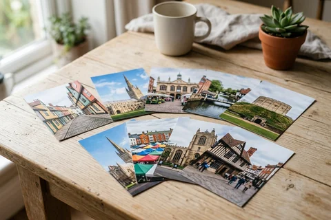 photo prints norwich – a loose fan of 10×15 cm photo prints of Norwich street scenes on a pale wooden table