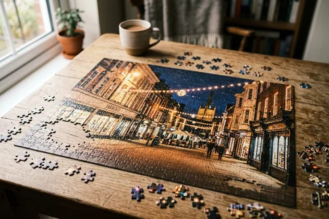 photo puzzle norwich – a partly completed jigsaw puzzle of Gentleman's Walk lights on a wooden table