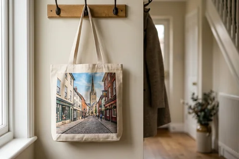 photo tote bag norwich – a cloth tote bag printed with a photograph of Magdalen Street hanging on a hallway hook