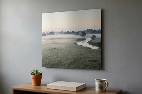 aluminium photo print oxford – a matte aluminium panel print of Port Meadow in morning mist mounted flush on a grey wall