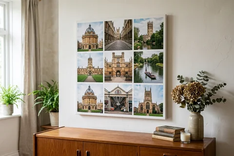 canvas collage print oxford – a collage canvas of nine small Oxford scenes in a nine-photo grid hung above a sideboard