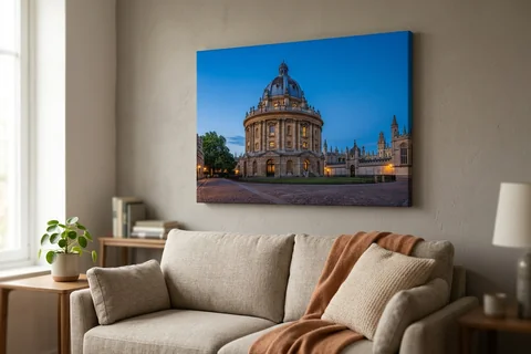 canvas print oxford – a gallery-wrapped canvas print of the Radcliffe Camera at dusk hung above a sofa