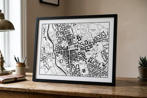 oxford city map poster – a framed minimalist black-and-white street map poster of the city centre on a desk