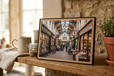 framed photo board oxford – a slim-framed photo board of the Covered Market standing on a kitchen shelf