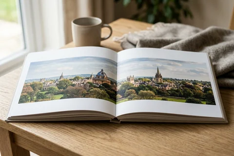 photo book oxford – an open layflat photo book showing a panorama of the dreaming spires from South Park across the double-page spread