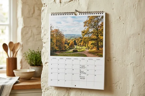 photo calendar oxford – a spiral-bound wall calendar open on a month showing Shotover Country Park, hanging in a kitchen