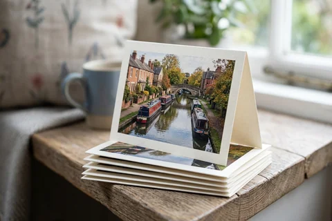 photo cards oxford – a stack of folded greetings cards with a photograph of the Oxford Canal at Jericho on the front, one propped open