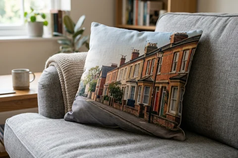 photo cushion oxford – a plush square cushion printed borderless with a Jericho terrace on a grey sofa