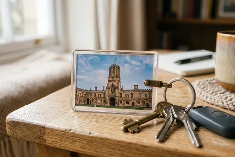 photo keyring oxford – a rectangular photo keyring showing Christ Church Cathedral beside a set of keys
