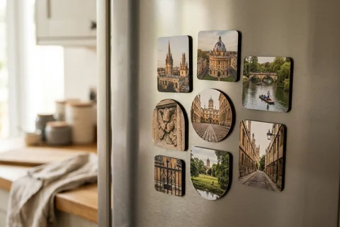 mixmags photo magnets oxford – several photo magnets of Oxford landmarks in different shapes on a fridge door