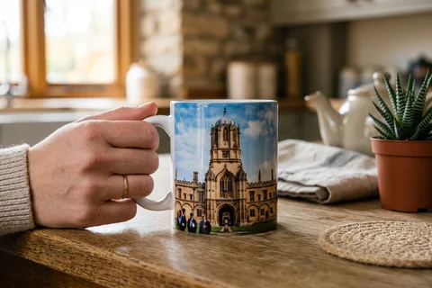 photo mug oxford – a ceramic mug with a wrap-around print of Tom Tower on a kitchen table