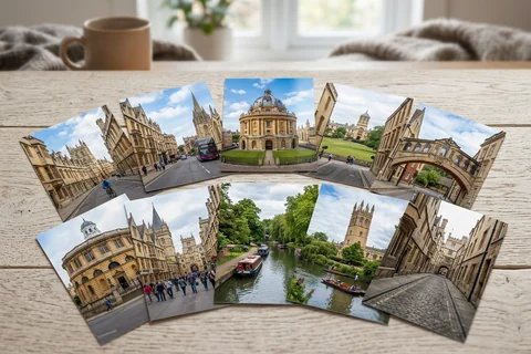 photo prints oxford – a loose fan of 10×15 cm photo prints of Oxford street scenes on a pale wooden table