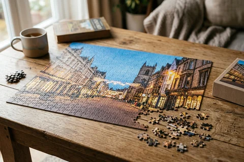 photo puzzle oxford – a partly completed jigsaw puzzle of Cornmarket lights on a wooden table