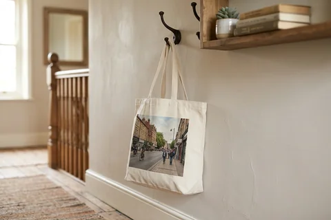 photo tote bag oxford – a cloth tote bag printed with a photograph of Cowley Road hanging on a hallway hook