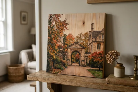 photo print on wood oxford – a wood print of the Botanic Garden in autumn with the grain visible through the image, leaning on a shelf