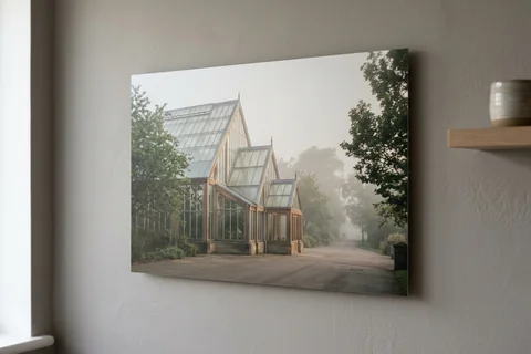 aluminium photo print sheffield – a matte aluminium panel print of the Winter Garden in morning mist mounted flush on a grey wall