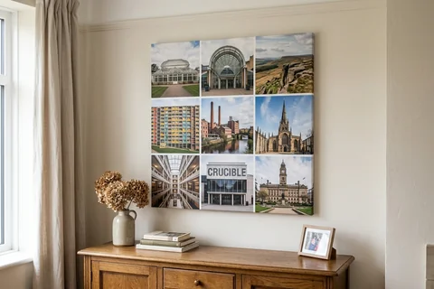 canvas collage print sheffield – a collage canvas of nine small Sheffield scenes in a nine-photo grid hung above a sideboard