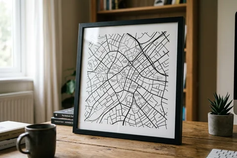 sheffield city map poster – a framed minimalist black-and-white street map poster of the city centre on a desk
