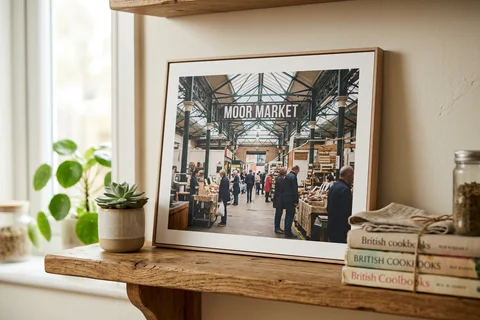 framed photo board sheffield – a slim-framed photo board of the Moor Market standing on a kitchen shelf