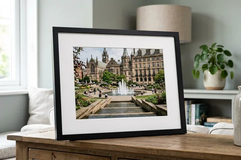 framed photo print sheffield – a framed print of the Peace Gardens with a white mount and black frame standing on a console table