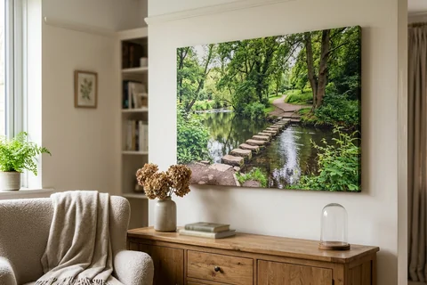 large canvas print sheffield – a very large canvas of Endcliffe Park looking towards the stepping stones dominating a living room wall