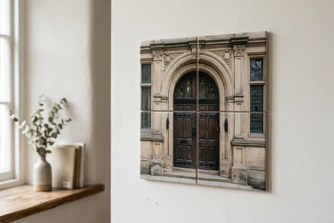 mixpix photo tiles sheffield – four 20×20 cm photo tiles of Cutlers' Hall doorway arranged in a cluster on a white wall with no visible fixings
