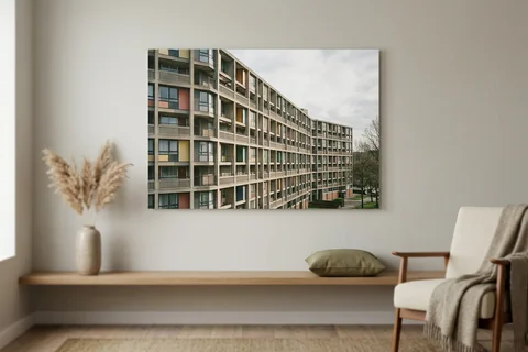 photo board print sheffield – a frameless matte photo board of Park Hill flats hanging flush on a pale wall