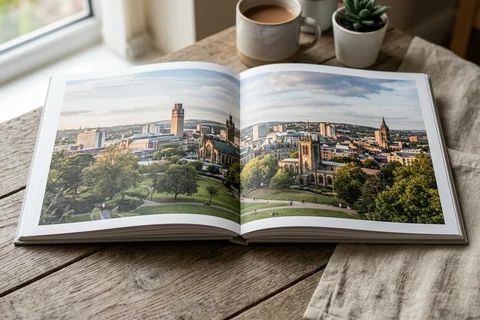 photo book sheffield – an open layflat photo book showing a panorama of the city from Meersbrook Park across the double-page spread