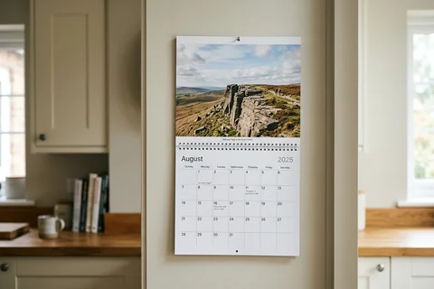 photo calendar sheffield – a spiral-bound wall calendar open on a month showing Stanage Edge on the city's doorstep, hanging in a kitchen
