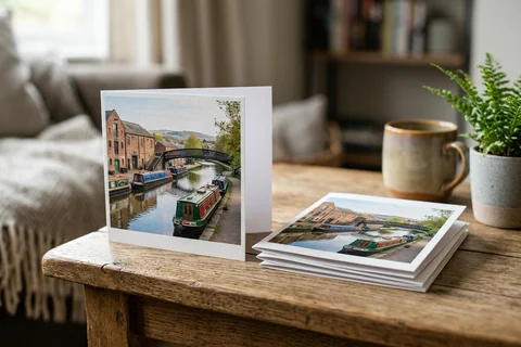 photo cards sheffield – a stack of folded greetings cards with a photograph of the Sheffield and Tinsley Canal on the front, one propped open