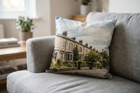 photo cushion sheffield – a plush square cushion printed borderless with a stone Nether Edge terrace on a grey sofa
