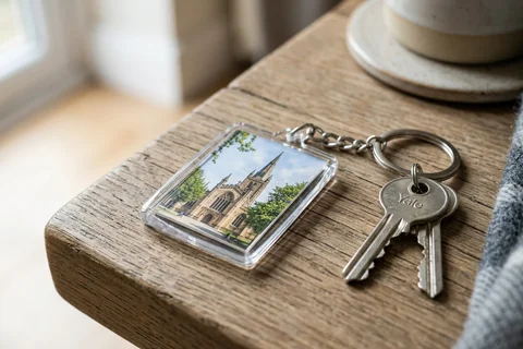 photo keyring sheffield – a rectangular photo keyring showing Sheffield Cathedral beside a set of keys