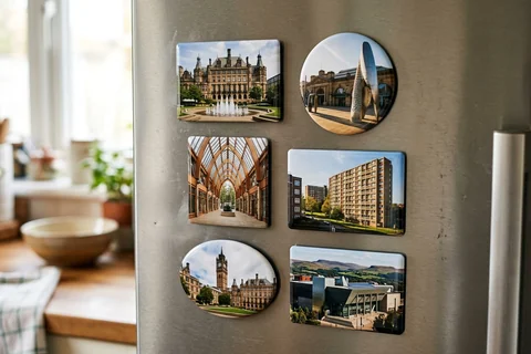 mixmags photo magnets sheffield – several photo magnets of Sheffield landmarks in different shapes on a fridge door